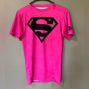 Under Armour Bright Pink Tee with Black Superman Emblem